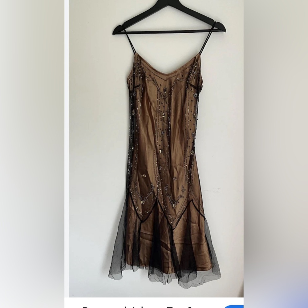 Vintage 90s spaghetti strap flapper style mesh beaded overlay dress